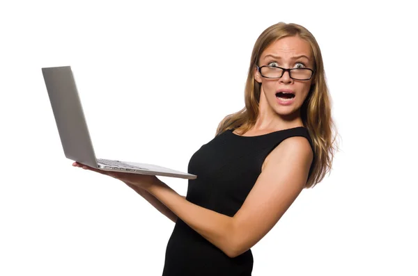 Жінка з ноутбуком ізольована на білому — стокове фото