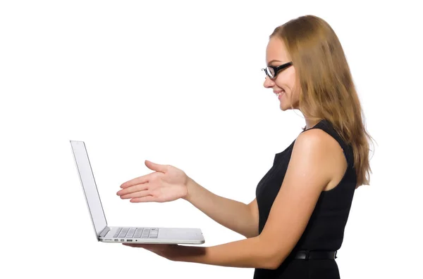 Женщина с ноутбуком изолированы на белом — стоковое фото