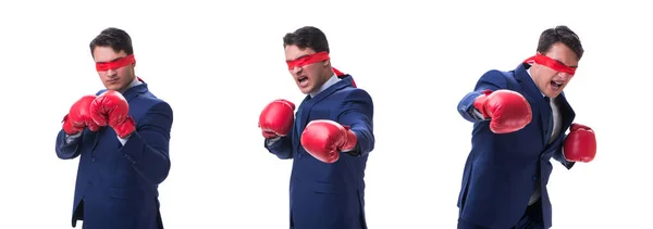 Anwalt mit Augenbinde trägt Boxhandschuhe auf weißem Untergrund — Stockfoto