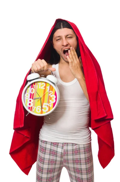 Funny man waking up in the morning on white — Stock Photo, Image