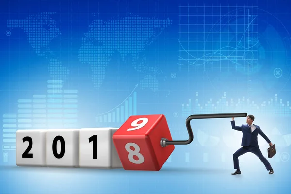 Businessman Employee Rotating Cube Reveal Number 2019 — Stock Photo, Image