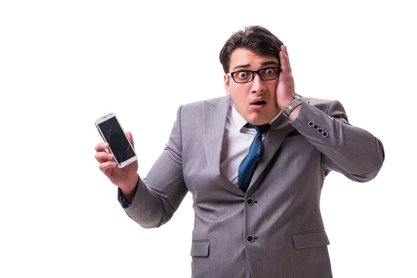ホワイトに隔離された携帯電話を持つビジネスマン — ストック写真