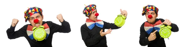 Clown divertente con orologio isolato su bianco — Foto Stock