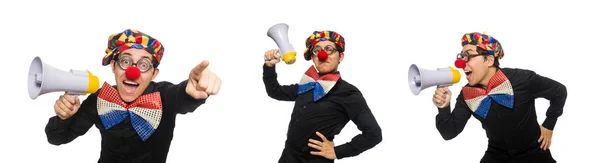 Clown with loudspeaker isolated on white — Stock Photo, Image