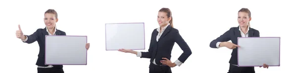 Mulher empresária com placa em branco no branco — Fotografia de Stock