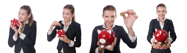 Woman businesswoman with piggybank on white — Stock Photo, Image