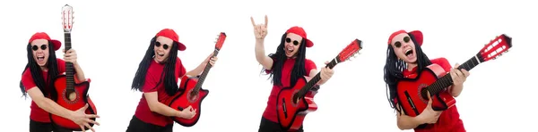 Niño positivo con guitarra aislada en blanco —  Fotos de Stock