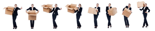 Woman businesswoman with boxes on white