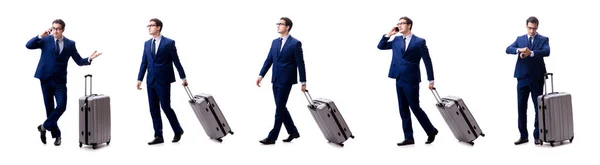 Jonge zakenman met koffer geïsoleerd op witte achtergrond — Stockfoto