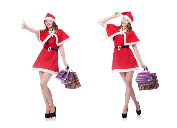 Ung kvinde i rødt julemandskostume på hvid - Stock-foto