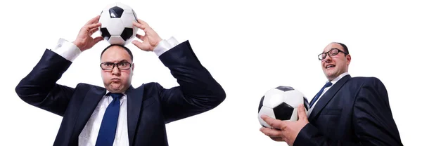 Uomo divertente con calcio isolato su bianco — Foto Stock