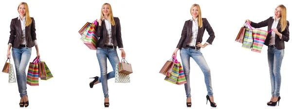 Mulher bonita com sacos de compras isolados em branco — Fotografia de Stock