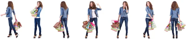 Fiatal nő bevásárló táskák elszigetelt fehér — Stock Fotó