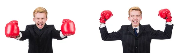 Empleado joven con guantes de boxeo aislados en blanco —  Fotos de Stock