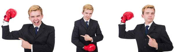 Jeune employé avec gants de boxe isolé sur blanc — Photo