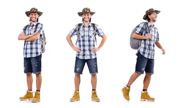 Young traveler with rucksack isolated on white — Stock Photo, Image