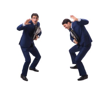 Genç işadamı beyazda izole edilmiş 