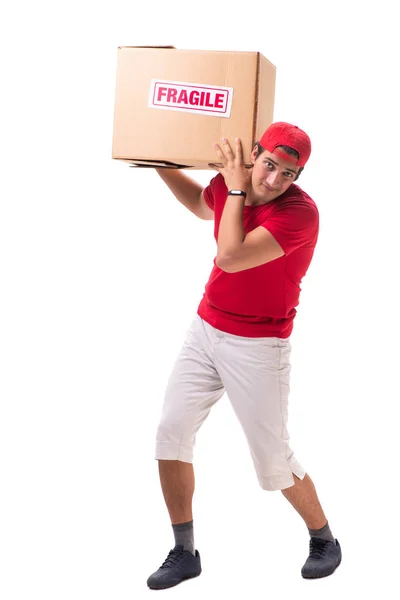 Handsome contractor holding fragile box isolated on white — Stock Photo, Image