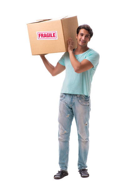 Young handsome man with fragile box ordered from Internet 