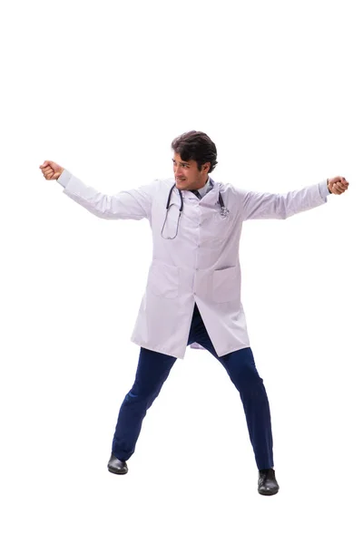 Young handsome doctor under pressure isolated on white — Stock Photo, Image