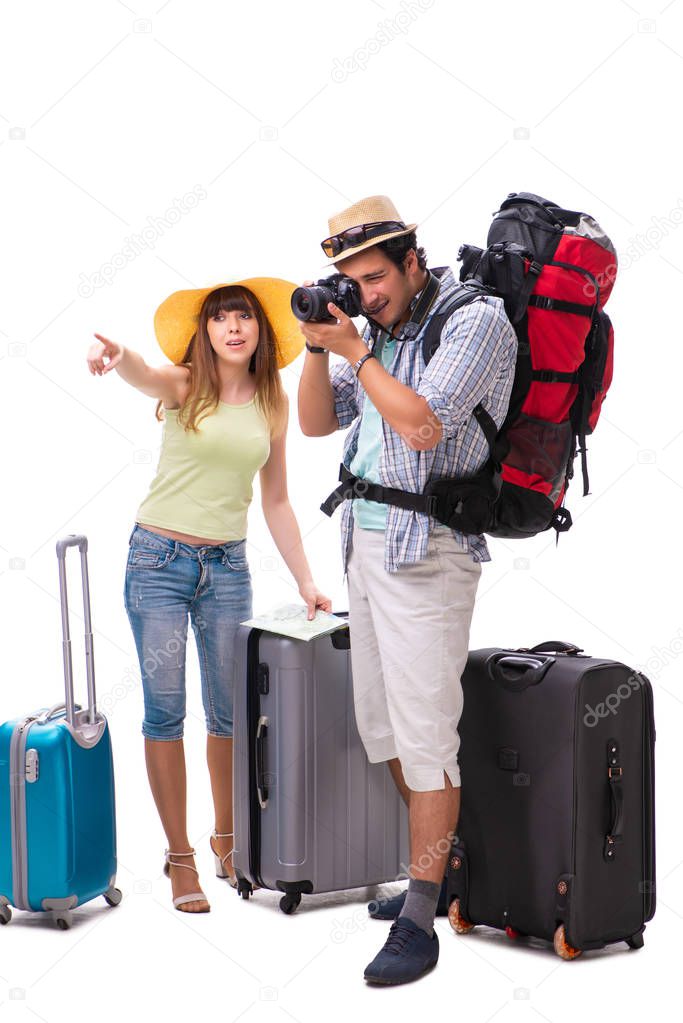 Young family preparing for vacation travel on white