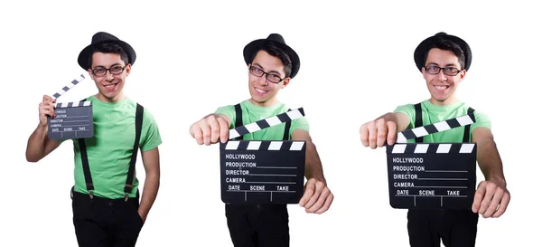 Grappige mens met film board — Stockfoto