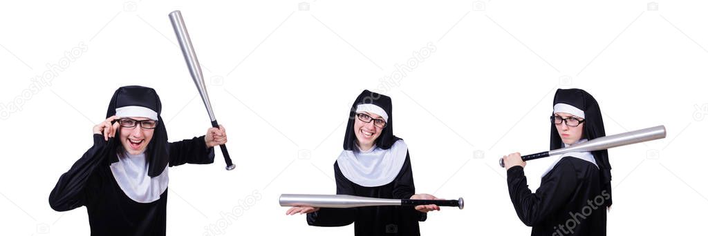 Nun with baseball bat on white