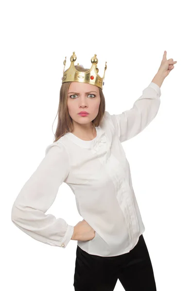 Woman queen wearing crown isolated on white — Stock Photo, Image