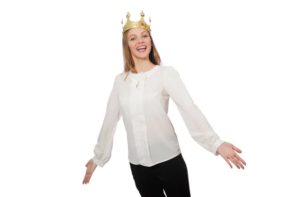 Kvinna drottning bär krona isolerad på vitt — Stockfoto