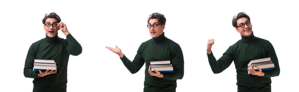 Nerd junge Studentin mit Büchern auf Weiß — Stockfoto