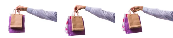 Hand Holding Shopping Bags Christmas Shopping White Back — Stock Photo, Image
