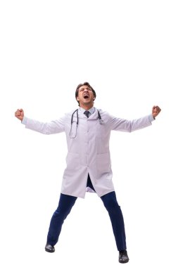 Baskı altındaki genç ve yakışıklı doktor beyazlara izole edilmiş.