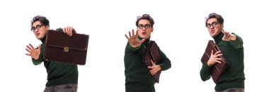 İnek işadamı ile üzerine beyaz izole evrak çantası