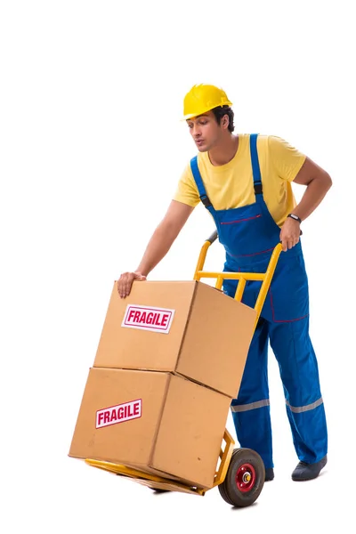 Junger Bauunternehmer mit fragilen Boxen auf weißem Grund — Stockfoto