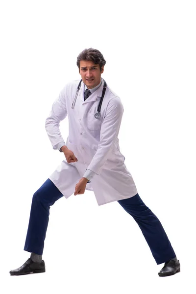 Молодой красивый доктор под давлением изолирован на белом — стоковое фото
