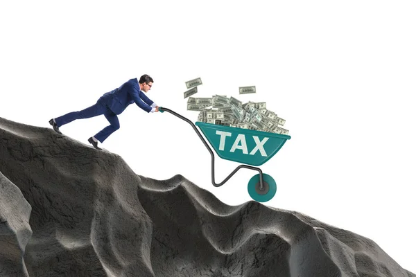 Businessman pushing wheelbarrow with tax money — Stock Photo, Image