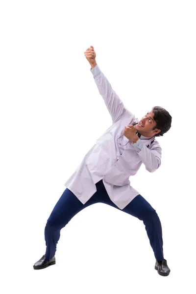 Young handsome doctor under pressure isolated on white — Stock Photo, Image