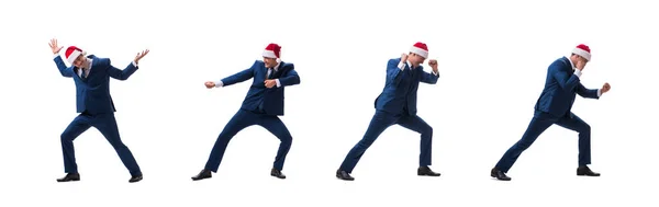 Giovane busnessman indossa cappello di Babbo Natale nel concetto di Natale su bianco — Foto Stock