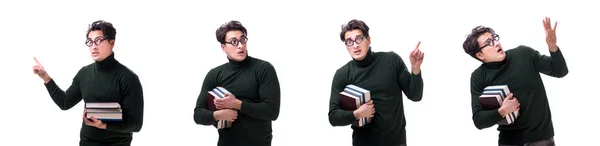 Jovem estudante nerd com livros isolados em branco — Fotografia de Stock