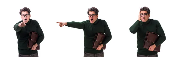 Nerd businessman with briefcase isolated on white — Stock Photo, Image