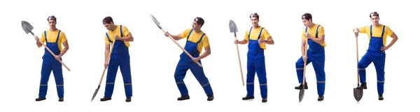 Contractor Blue Coveralls Spade White Background — Stock Photo, Image