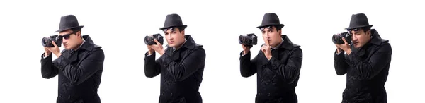 Espía con cámara tomando fotos aisladas en blanco — Foto de Stock
