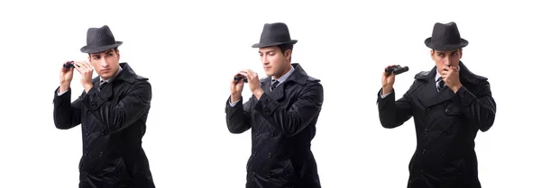 Espía con binoculares aislados sobre fondo blanco —  Fotos de Stock