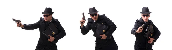 Hombre espía con pistola aislada sobre fondo blanco — Foto de Stock