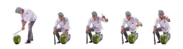 Young male cook with watermelon isolated on white — Stock Photo, Image