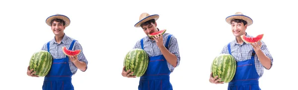 Fiatal mezőgazdasági termelő a görögdinnye elszigetelt fehér — Stock Fotó