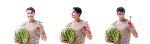 Junger Mann mit Wassermelone isoliert auf weiß — Stockfoto