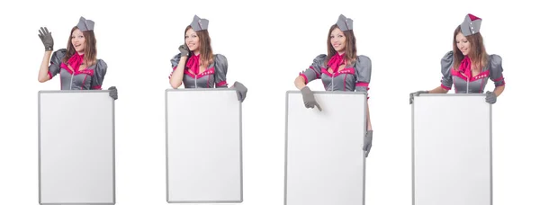 Young woman with blank board on white — Stock Photo, Image