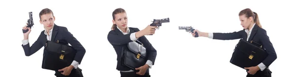 Donna donna d'affari con pistola su bianco — Foto Stock