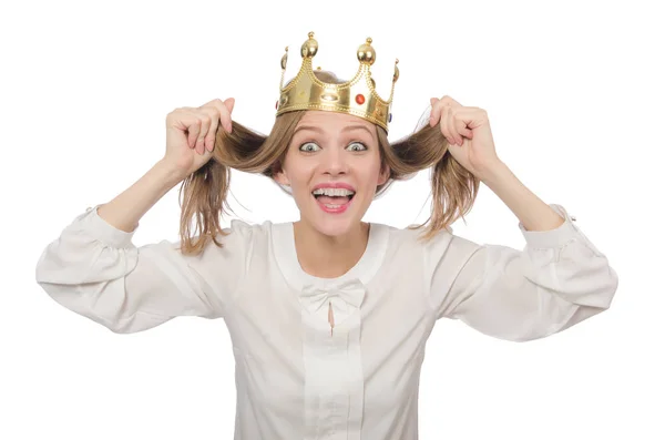 Woman queen wearing crown isolated on white — Stock Photo, Image